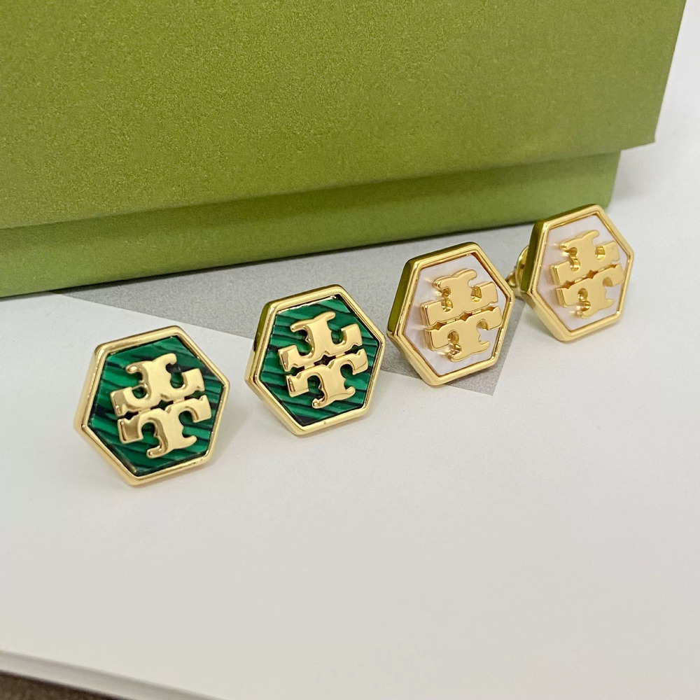 Tory Burch Shell Inlaid Hexagon Metal Stud Earrings